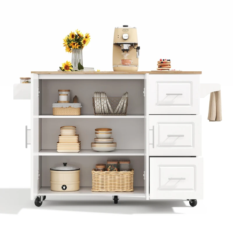 Große mobile Kücheninsel, klappbares Design, multifunktionaler Schrank mit 3 Schubladen, Handtuchhalter, 137 x 43/76 x 92 cm, Weiß