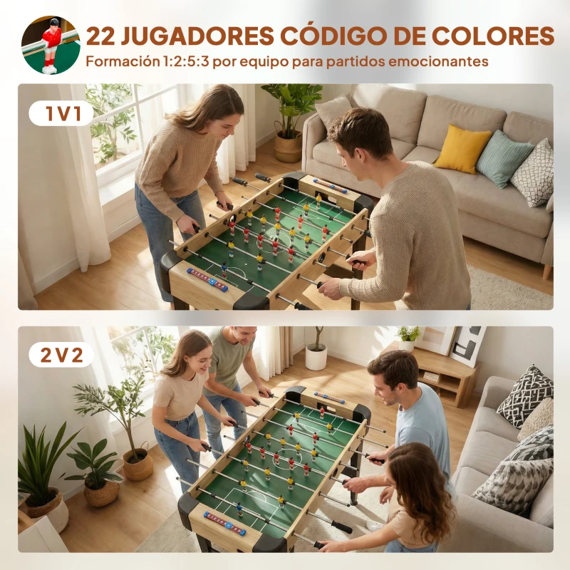 SPORTNOW Futbolín de Mesa de 92 cm con 22 Jugadores 2 Pelotas Marcadores Manuales Mangos Antideslizantes Madera Natural