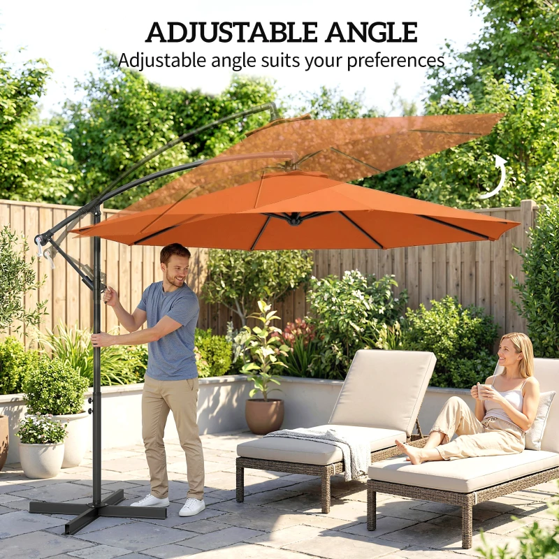 Outsunny 3 m Cantilever Parasol with Cross Base, Offset Outdoor Umbrella with Crank Handle, Hanging Sun Shade, Orange