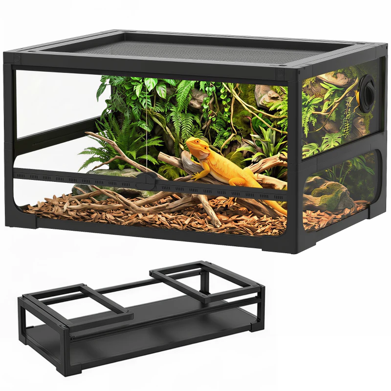 PawHut Rettilario Rialzato e Pieghevole con Coperchio e Pareti in Vetro Temperato e Plastica, 60x45x32 cm, Nero