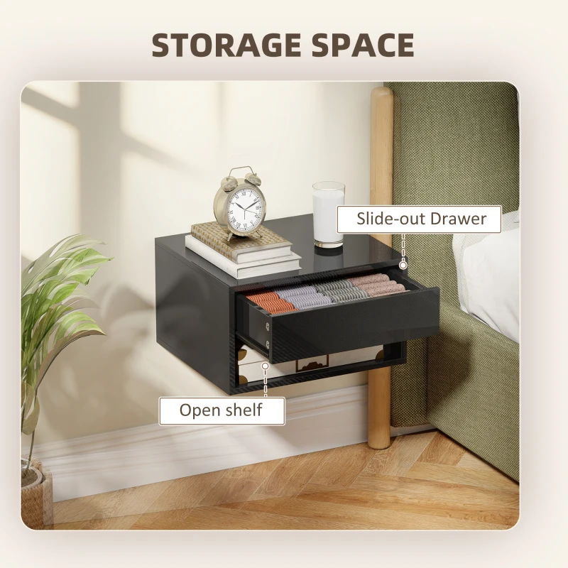 HOMCOM Floating Bedside Tables Set of 2, Wall Mounted Nightstand, High Gloss Black