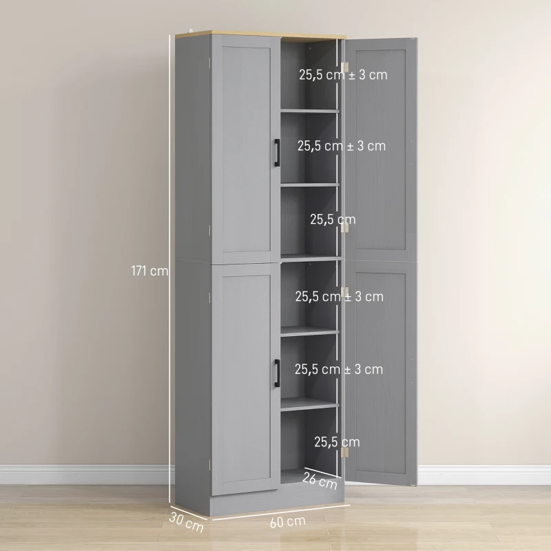 HOMCOM Alacena de Cocina Armario de Almacenaje Multifuncional con 4 Puertas y Estantes Ajustables 60x30x171 cm Gris