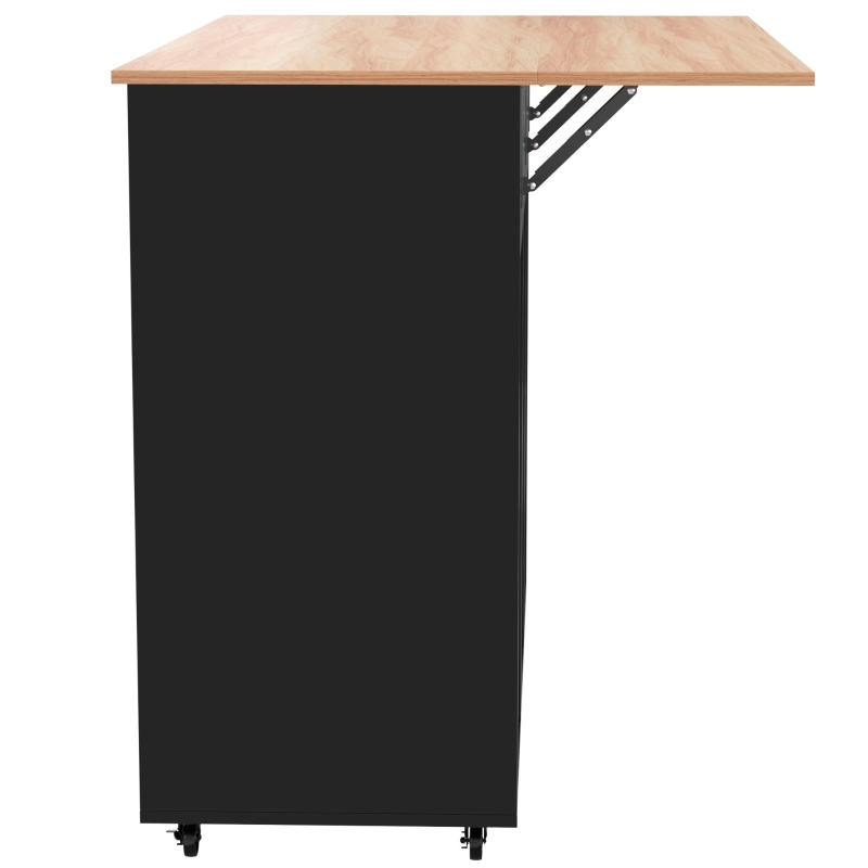 Kücheninsel auf 5 Rädern, ausklappbarer Klapptischplatte, 129x46/71x91,5 cm, Schwarz+Naturfarbe
