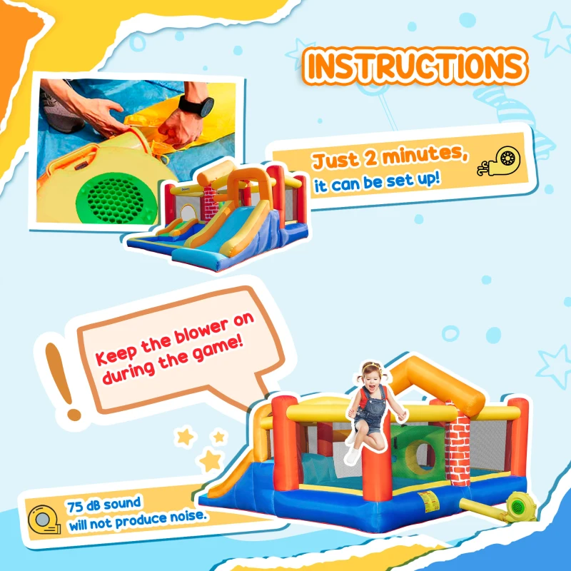 Outsunny Kids Bouncy Castle with Double Slides Pool Trampoline Climbing Wall w/ Blower