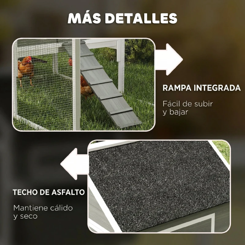 PawHut Gallinero Madera Grande Exterior con 2 Nidos Corral Techo Asfáltico Bandeja Extraíble Rampa 347x160x150 cm Gris Oscuro