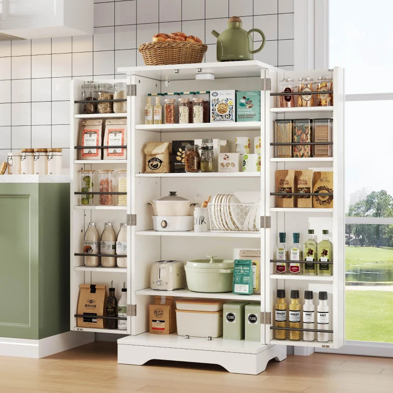 Küchenschrank mit LED-Sensorlicht, großer 2-türiger Aufbewahrungsschrank mit verstellbaren Regalböden & Türablagen, 60×40×120 cm, Weiß