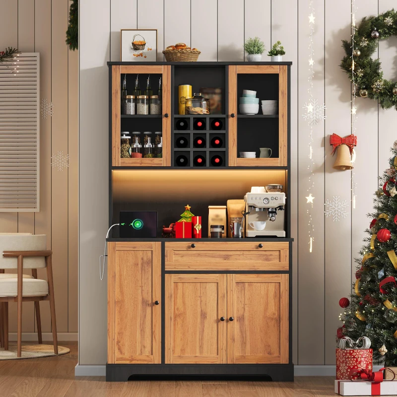 Küchen-Hochschrank mit Vitrine, fünf Türen, Schublade, verstellbare Einlegeböden, 105 x 40 x 180 cm, Naturfarbe