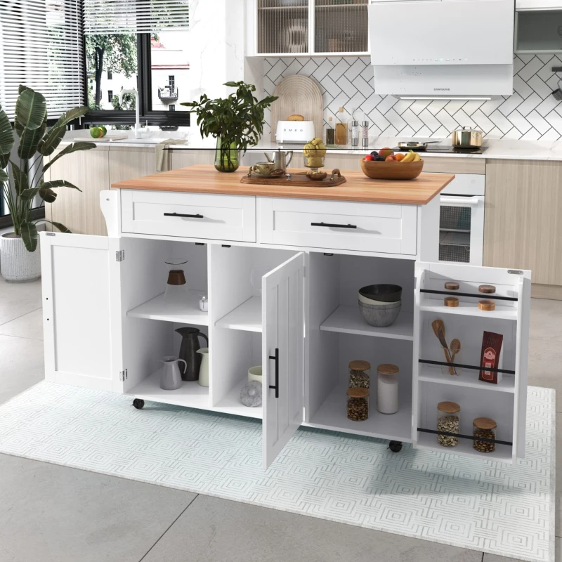 Großer Kücheninsel mit klappbarer Verlängerungsplatte, 5 Rollen (2 feststellbar) , 129x46/71x91,5 cm, Weiß+Naturfarbe