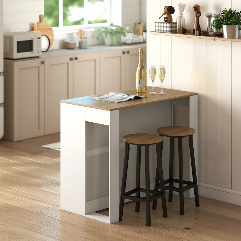 HOMCOM Table de bar, table haute cuisine à 3 niveaux 2 compartiments ouverts, plateau effet bois naturel 113 x 60 x 90 cm blanc
