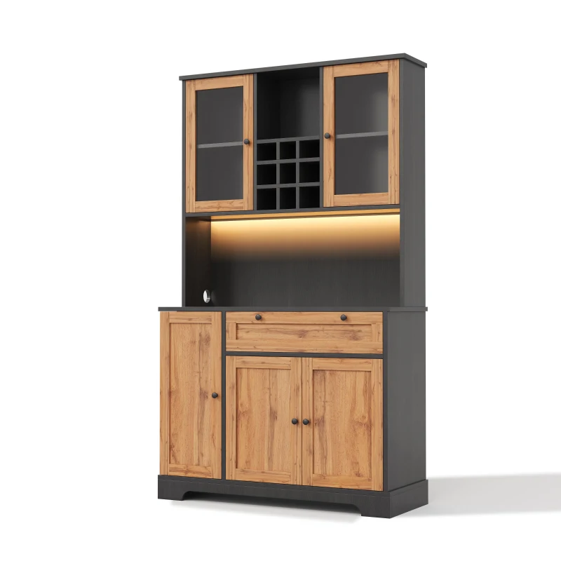 Küchen-Hochschrank mit Vitrine, fünf Türen, Schublade, verstellbare Einlegeböden, 105 x 40 x 180 cm, Naturfarbe