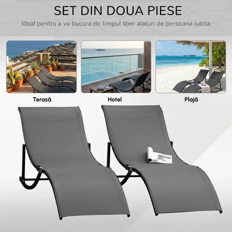 Outsunny Set 2 sezlonguri de Gradina Pliabile, sezlong pentru Plaja din Aluminiu si Textilen, 61x165x63 cm