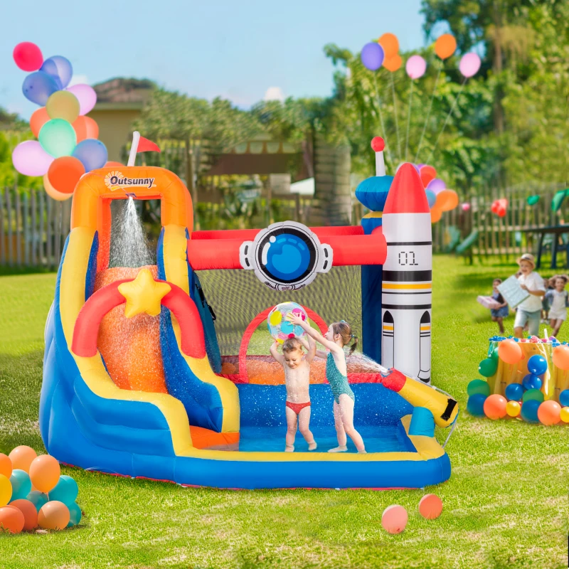 Outsunny 5 in 1 Kids Bouncy Castle Water Slide Large Space Style Inflatable House Trampoline Pool Water Gun Climbing Wall with Air Blower for Kids Age 3-8