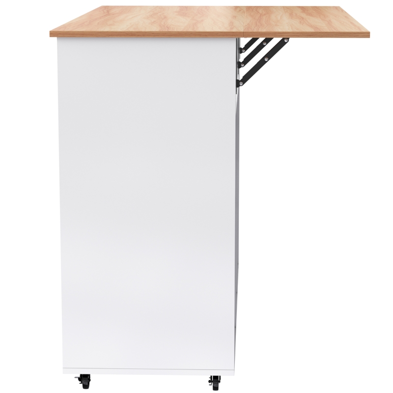 Großer Kücheninsel mit klappbarer Verlängerungsplatte, 5 Rollen (2 feststellbar) , 129x46/71x91,5 cm, Weiß+Naturfarbe