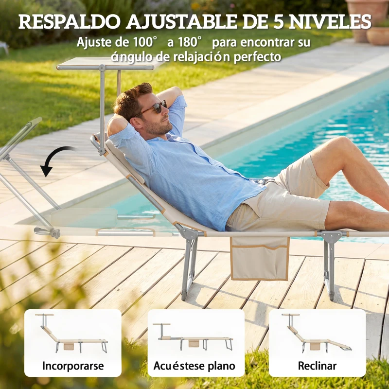 Outsunny Set de 2 Tumbonas Plegables Reclinables con Dosel 360° Orificio Facial Bolsillo Lateral y Textilene 550 g/m² Beige