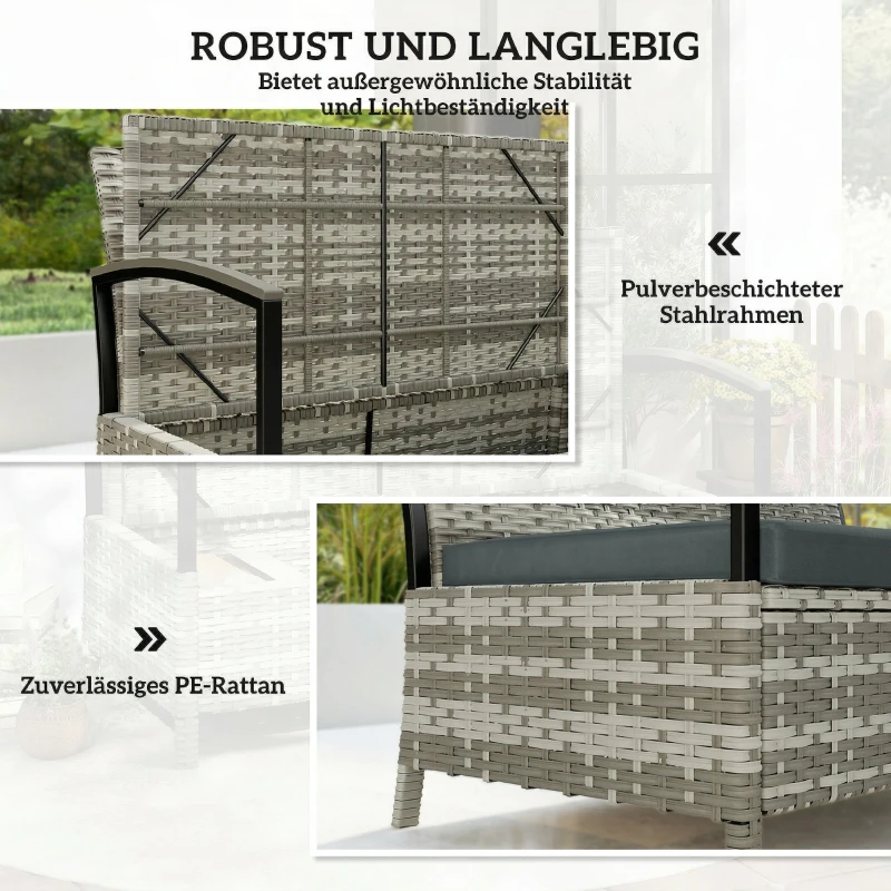 Outsunny Gartenbank mit Stauraum 2-Sitzer Sitzbank mit Kissen Haltegriffen 125L Poly Rattan 123 x 70 x 82 cm Dunkelgrau