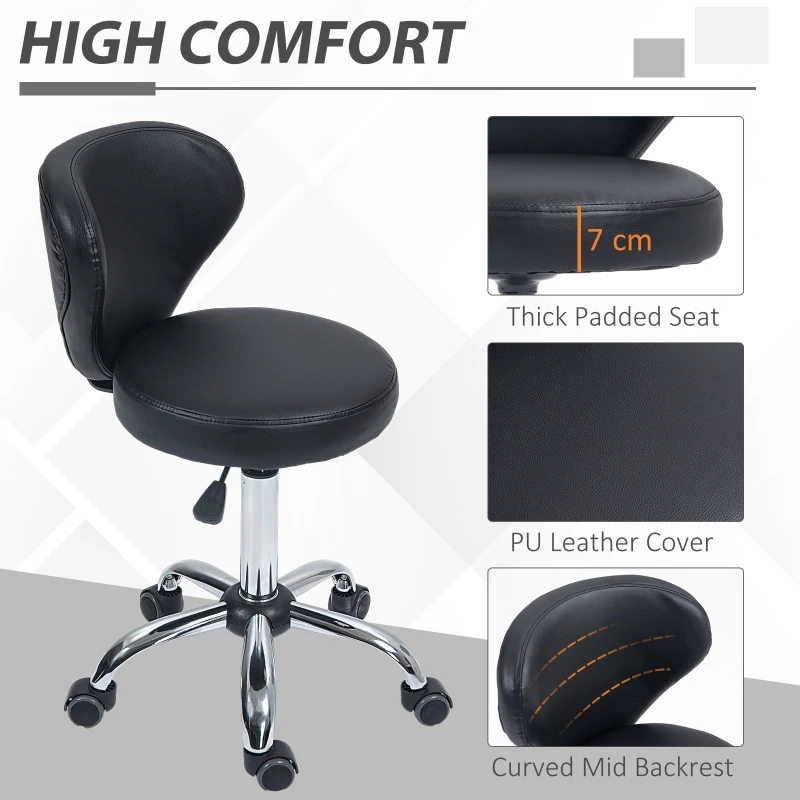 HOMCOM Rolling stool massage stool - 360° swivel work stool - seat adjustable 49-64H cm, ergonomic backrest - chrome metal black synthetic upholstery