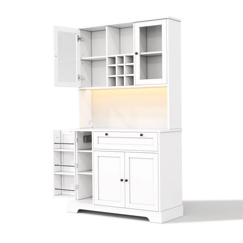 Küchen-Hochschrank mit Vitrine, fünf Türen, eine Schublade, verstellbaren Einlegeböden, 105x40x180 cm, Weiß