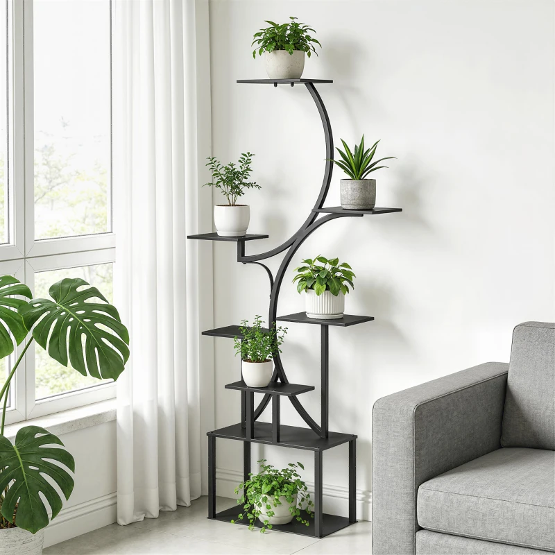 Outsunny Étagère à fleurs en métal à 8 niveaux, étagère à plantes en forme de S 158,5 cm, intérieur et extérieur, noir