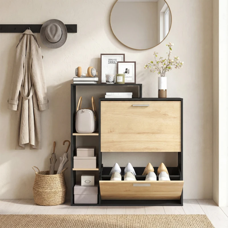 HOMCOM Meuble à chaussures 8 paires, armoire à chaussures étroite avec 2 tiroirs rabattables, 3 compartiments ouverts, noir