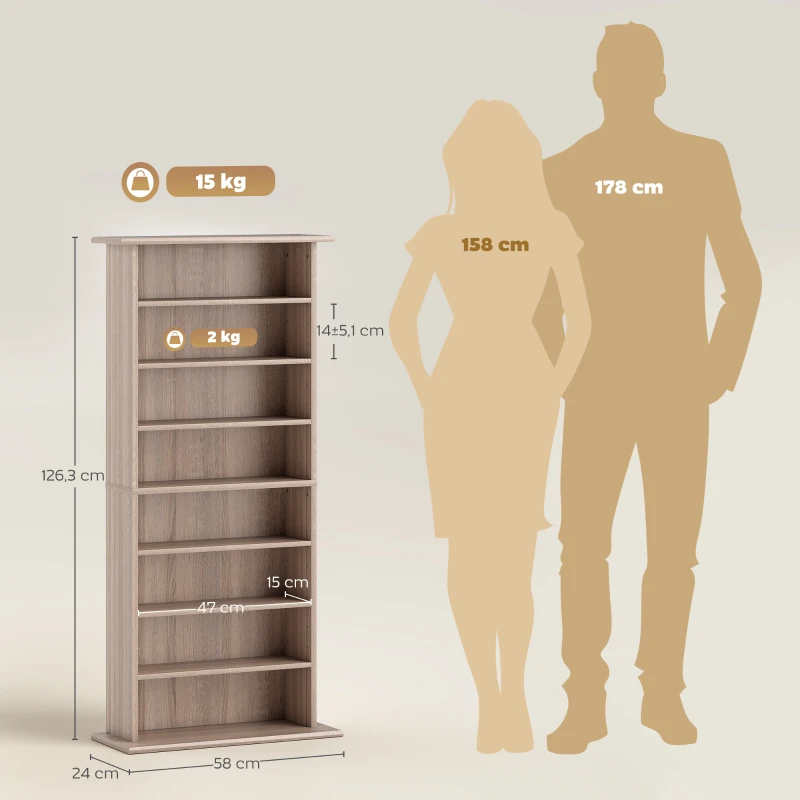 HOMCOM Rangements pour CD et DVD avec 8 compartiments et 6 étagères réglables, capacité max. 360 CD/185 DVD et Blu-ray, naturel
