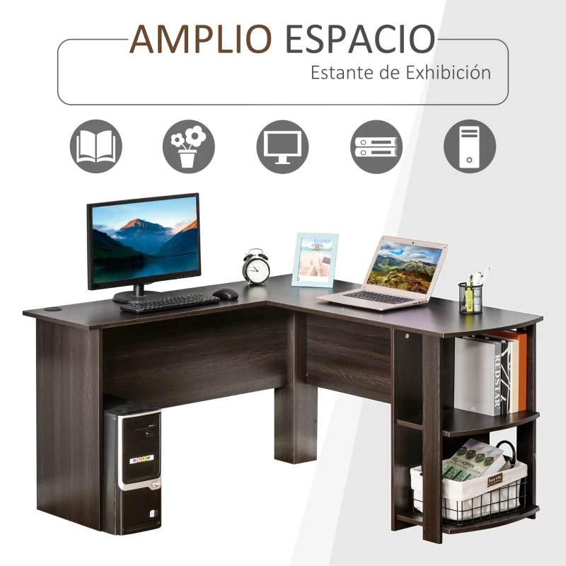 HOMCOM Mesa de Ordenador PC Escritorio para Oficina Hogar Tipo Esquinera Forma L con Estantes 136x130x72cm Madera