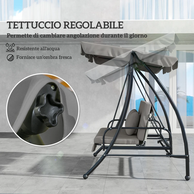 Outsunny Dondolo da Giardino 3 Posti con Tetto Reclinabile Trasformabile Letto in Poliestere Crema 209cm x 114cm x 170cm