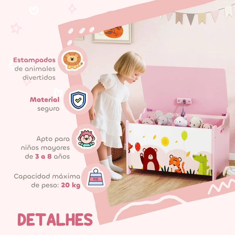 AIYAPLAY Caja de Almacenaje de Juguetes Baúl Juguetes Infantil con Tapa Abatible Asas Estampados de Animales 60x37x39 cm Rosa