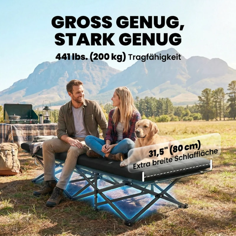 Outsunny Feldbett faltbar Campingbett mit Tragetasche Campingliege bis 200 kg Indoor, Outdoor, 200 x 80 x 40 cm Schwarz