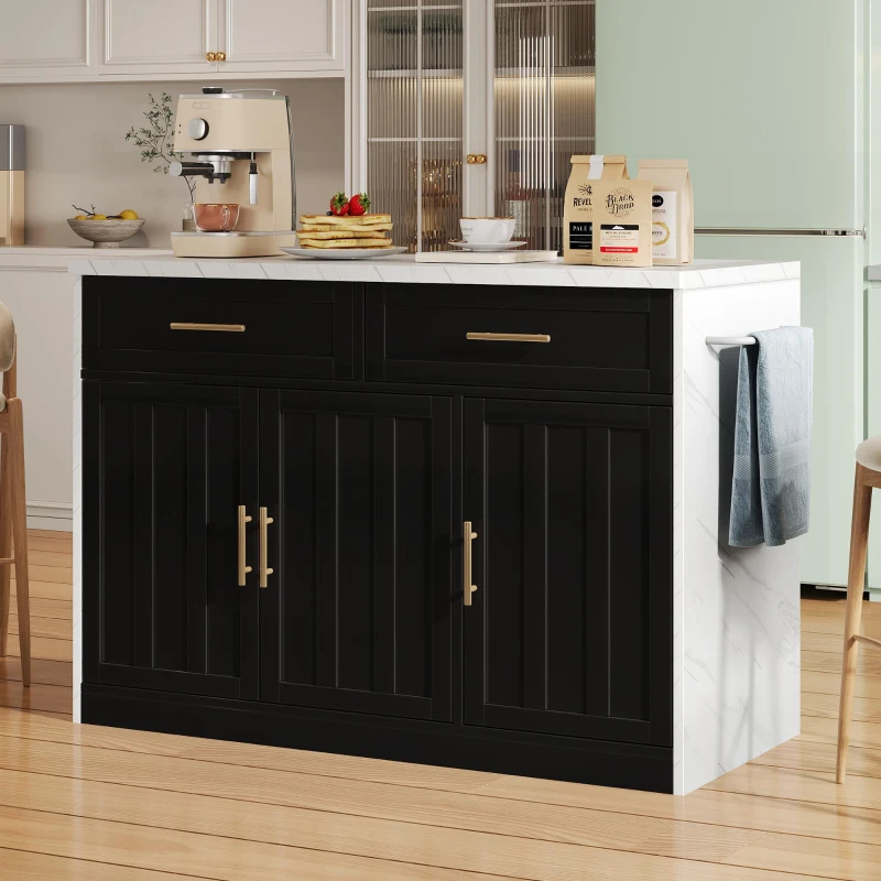 Kücheninsel mit Bartheke, mit 2 Schubladen und 3 Türen, Metallgriffe, Handtuchhalter, 120x60x91 cm, Schwarz