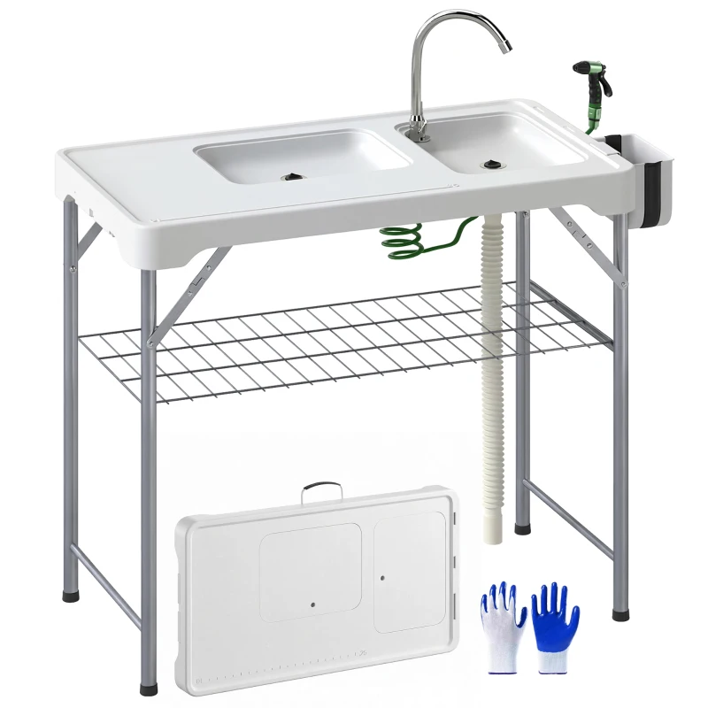 Outsunny Folding Fish Cleaning Table with Sinks, Portable Camping Sink Table with Faucet, Drainage Hose