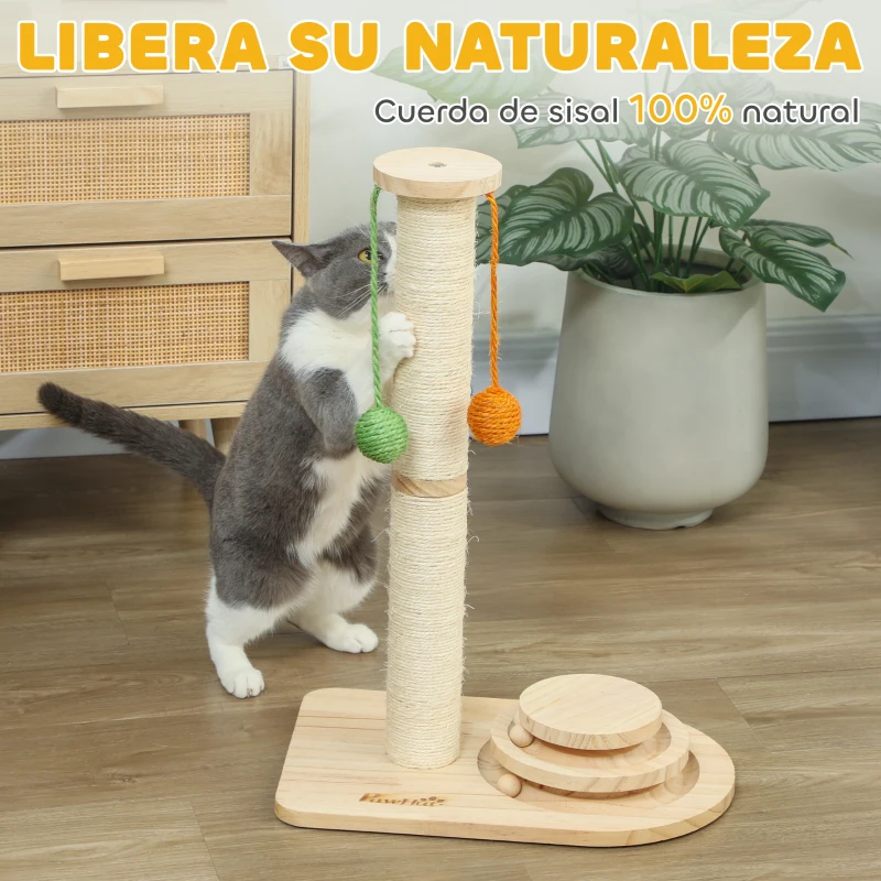 PawHut Poste Rascador para Gatos Altura 56,5 cm con 3 Bolas Colgantes Juguete de Pelota de Pista Madera Natural