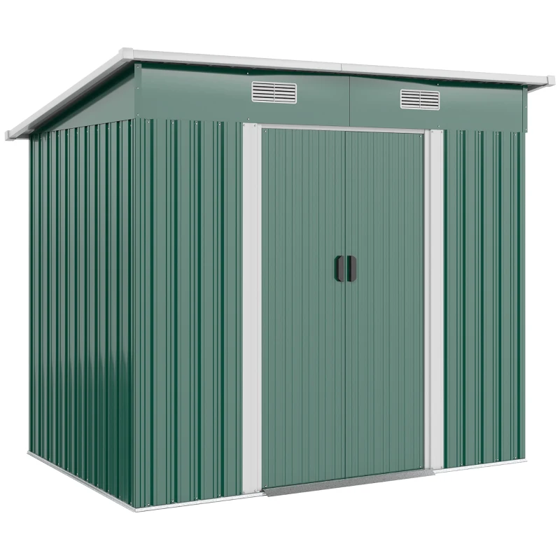 Outsunny 7 x 4ft Outdoor Storage Shed with Foundation Kit, Lean to Metal Garden Shed for Log, Rubbish Bin, Tool, Lawnmower, Bike, Patio and Lawn Use, Green