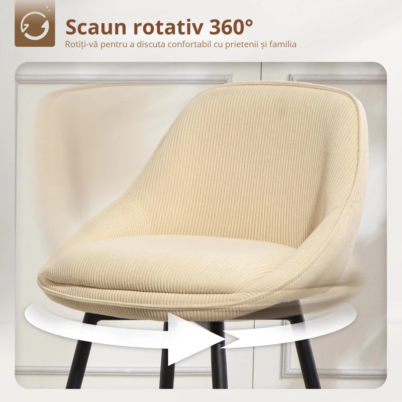 HOMCOM Set 2 Scaune de Bar cu Spătar și Brațe Rotative din Catifea Bej