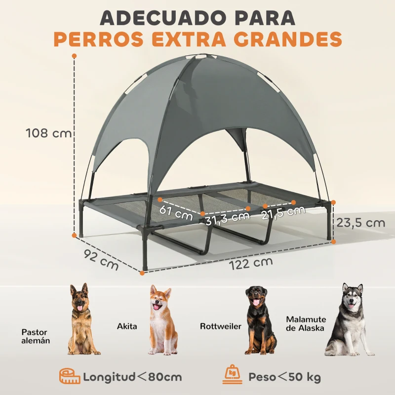 PawHut Cama Elevada para Mascotas Portátil con Toldo Extraíble Tela Transpirable al Aire Libre para Interior y Exterior 122x92x108 cm Gris
