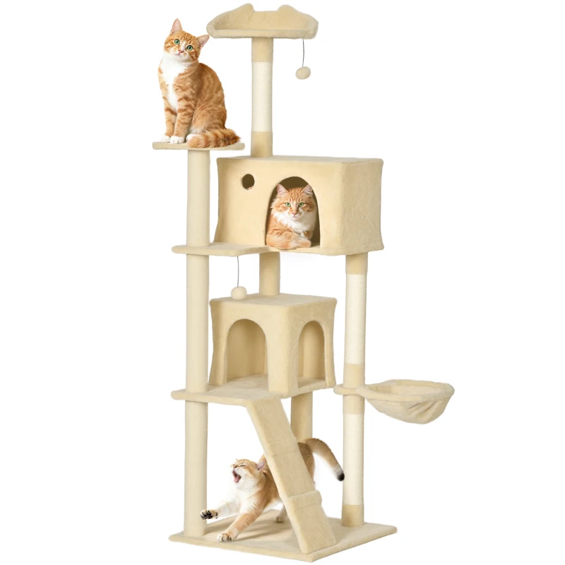 PawHut Árbol Rascador para Gatos 180 cm con Plataformas Cama 2 Cuevas Hamaca Escalera Postes de Sisal Beige