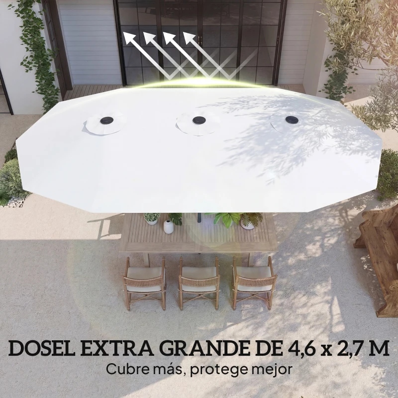 Outsunny Sombrilla Doble de Jardín 4,6x2,6 m con Manivela Manual Protección UV50+ Funda Resistente al Agua Blanco