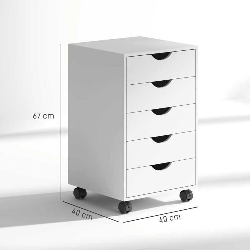 HOMCOM Caisson bureau mobile, meuble rangement sur roulettes avec 5 tiroirs, bois, 40 x 40 x 67 cm, blanc