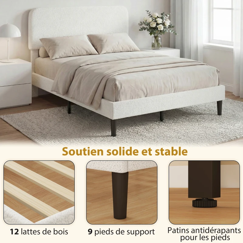 HOMCOM Cadre de Lit 140x190cm avec Sommier, Tête de Lit Réglable, Lit Double Rembourré en Velours Teddy, Lattes en Métal, Blanc