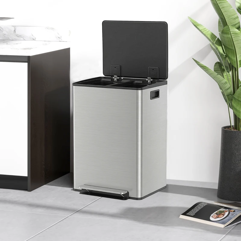 HOMCOM Bidone Immondizia a 2 Sezioni da 30L a Pedale con Coperchio Silenzioso, in Acciaio Inox e PP, 47.7x37.5x66.8 cm