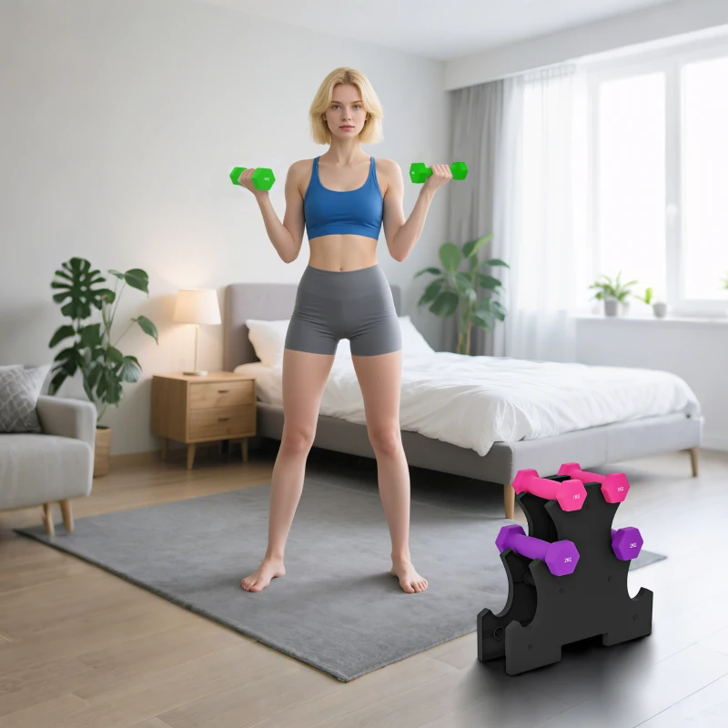 SPORTNOW Set de Mancuernas Hexagonal 2 x1kg 2 x2kg 2 x3kg con Soporte de Almacenamiento  para Entrenamiento en Casa Multicolor