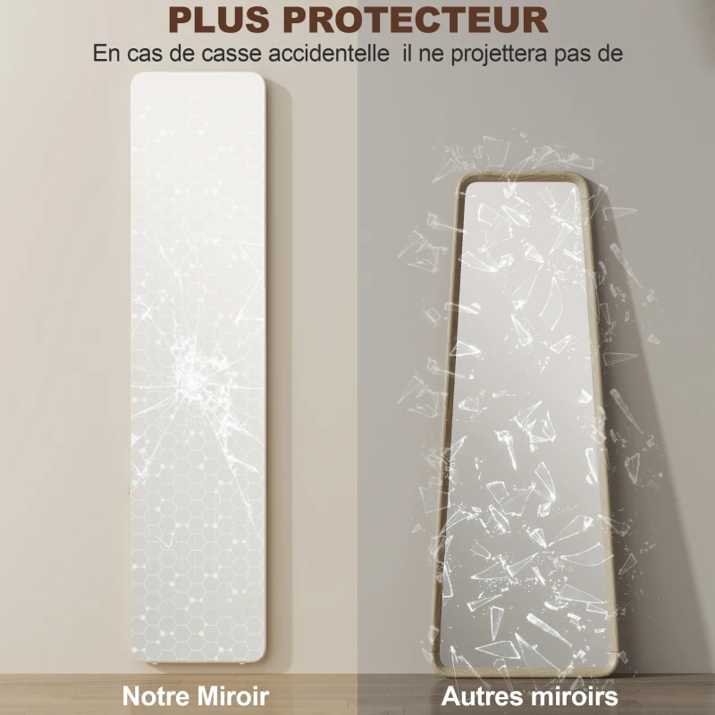 HOMCOM Miroir sur Pied et Mural rectangulaire dim. 37L x 43l x 156H cm bois naturel