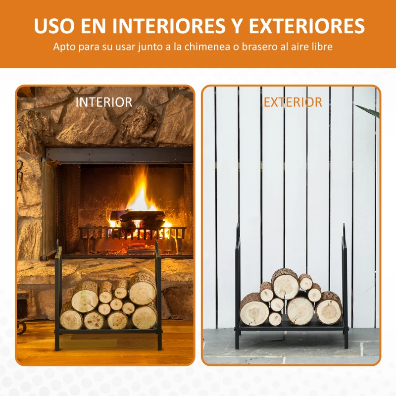 Outsunny Estante de Leña para Chimenea Tradicional Leñero Interior y Exterior Almacenaje para Madera Soporte para Leña con Asas Diseño Elevado 44,5x33x46,5 cm Negro