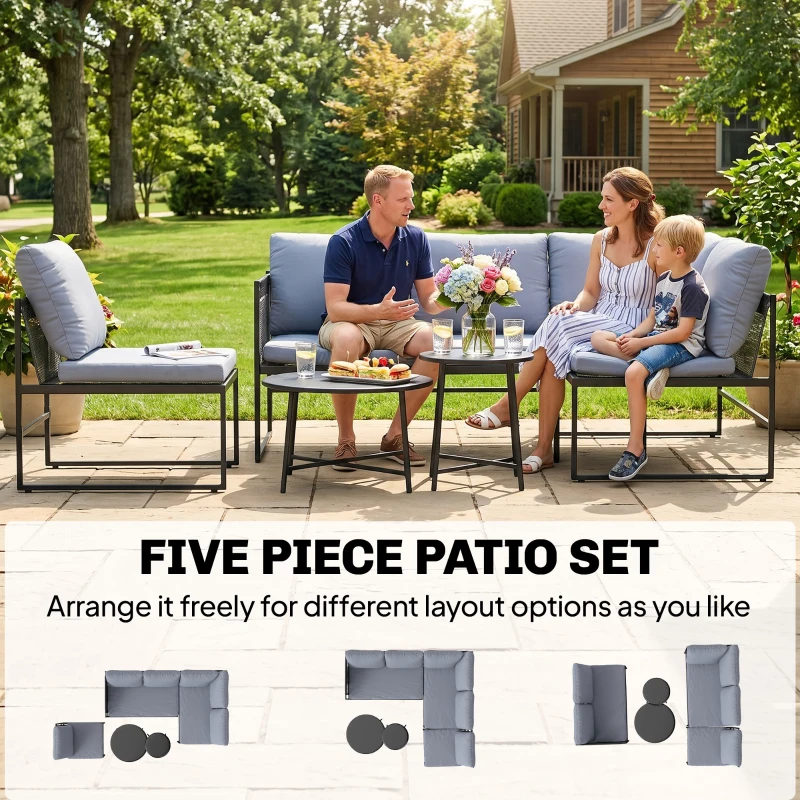 Outsunny Zestaw mebli ogrodowych lounge, 4-5 osób, kanapa dwuosobowa, stolik, krzesło, grube poduszki, siatkowe siedziska