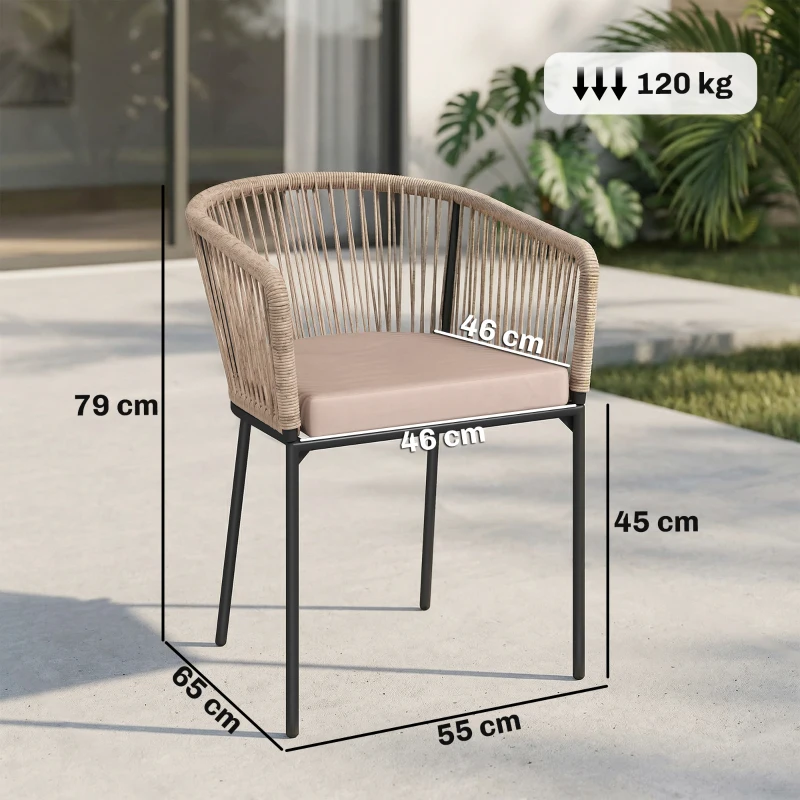 Outsunny Garden Chairs Set of 2, Rattan Garden Dining Chairs with String Back Armrests, Cushions, Natural Wood Finish