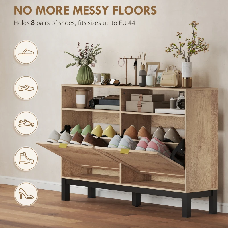 HOMCOM Shoe Cabinet with 2 Flip Drawers, Narrow Shoe Storage Top for Entryway Hallway, Walnut Brown