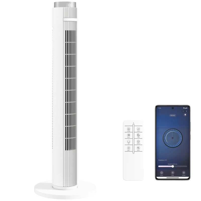 HOMCOM 96 cm Tower Fan with WiFi App Control, Standing Floor Fan with 3 Speed 4 Modes, 12 Hour Timer and Night Light White