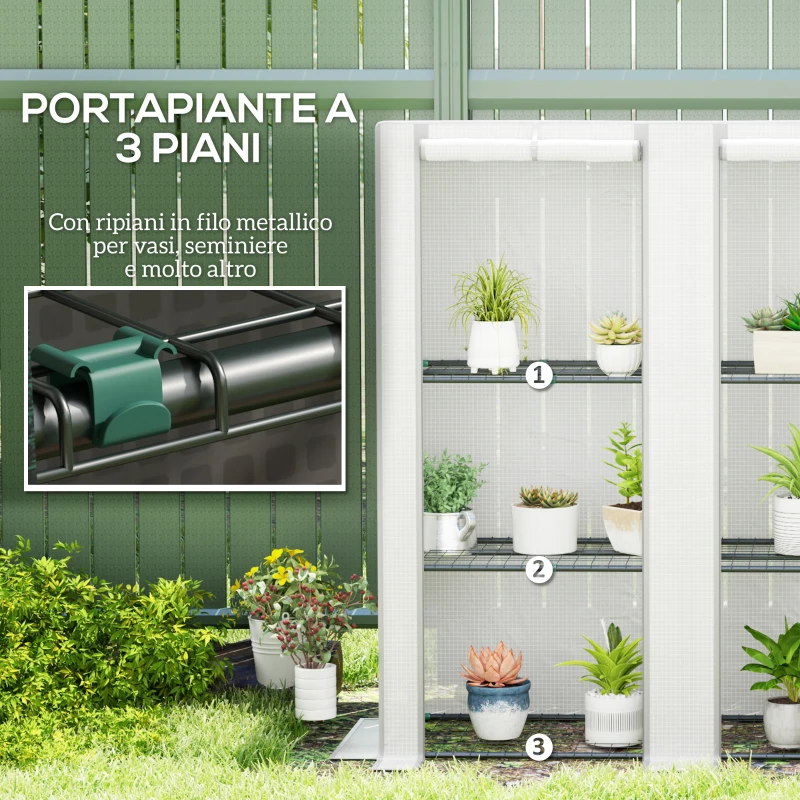 Outsunny Serra da Giardino con 2 Porte Avvolgibili, Scaffale a 3 Ripiani e Tasche Laterali, Bianco e Grigio