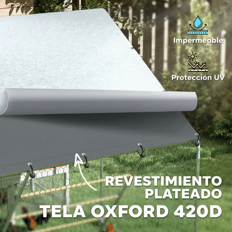 PawHut Gallinero Metálico de Exterior de 3x2m con Percha Multiusos Comedero Colgante Tipo Brocheta y Lona Protectora Resistente
