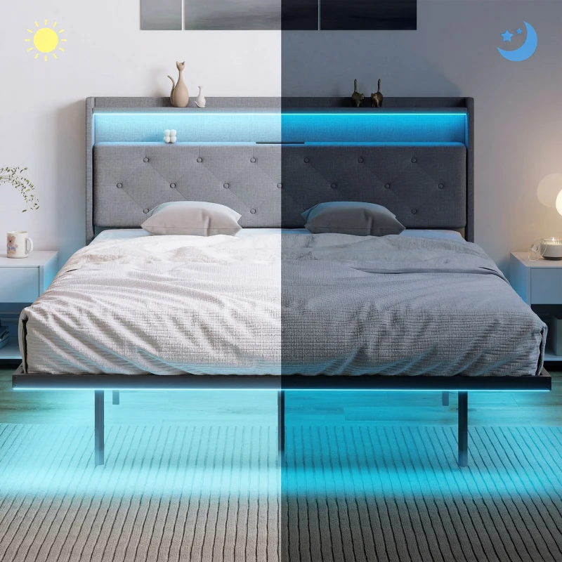 HOMCOM Cadre de lit 140 x 190 cm avec sommier acier, lit 2 personnes flottant avec lumières LED RGB et station de charge, gris