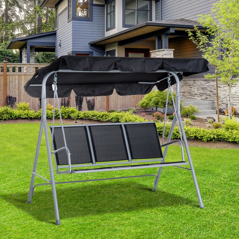 Outsunny Metal Garden Swing Chair, 3-Seater Swing Seat, Patio Hammock Bench Canopy Lounger, Black